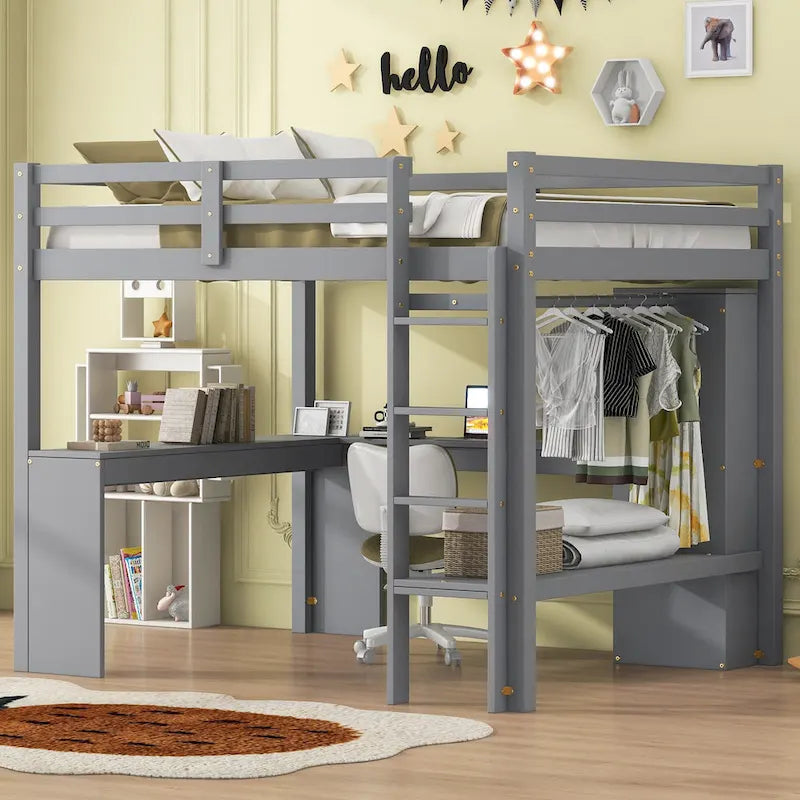 Solid Wood Loft Bed with L-shaped Desk, Wardrobe, and Shelves