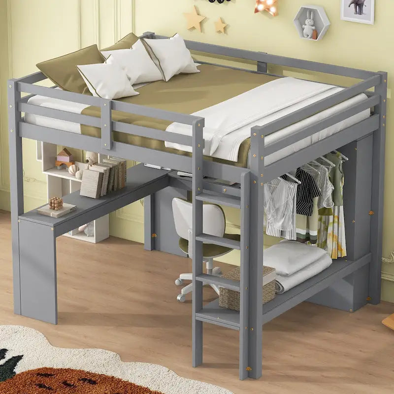 Solid Wood Loft Bed with L-shaped Desk, Wardrobe, and Shelves