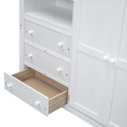 Lit mezzanine double blanc en bois massif avec armoire intégrée, bureau et étagères