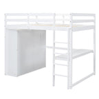 Lit mezzanine double blanc en bois massif avec armoire intégrée, bureau et étagères