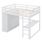 Lit mezzanine double blanc en bois massif avec armoire intégrée, bureau et étagères