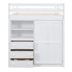 Lit mezzanine double blanc en bois massif avec armoire intégrée, bureau et étagères
