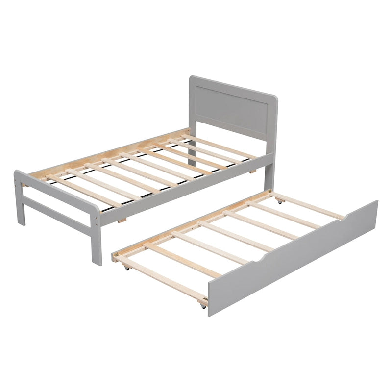 Grey Twin Wood Platform Bed Frame with Trundle, Modern Rubberwood &