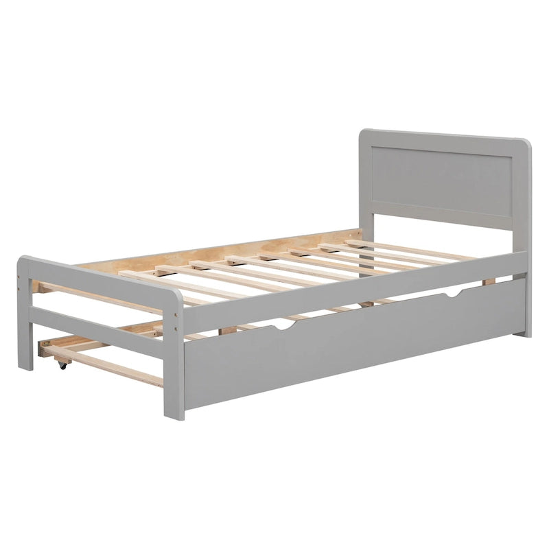 Grey Twin Wood Platform Bed Frame with Trundle, Modern Rubberwood &