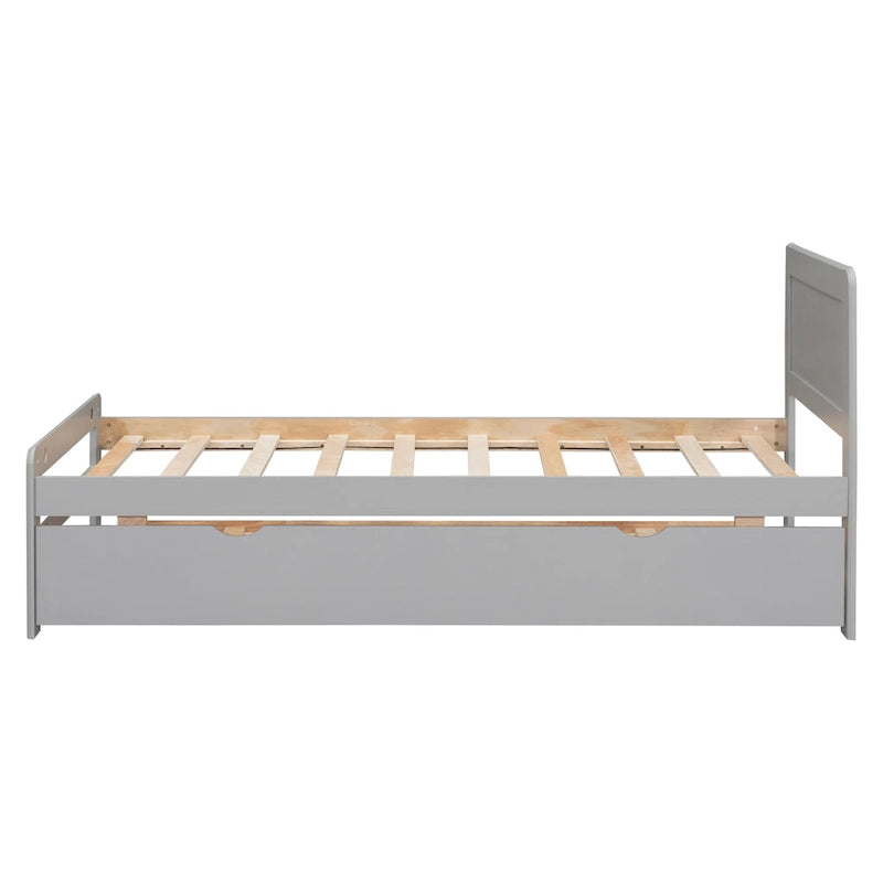 Grey Twin Wood Platform Bed Frame with Trundle, Modern Rubberwood &