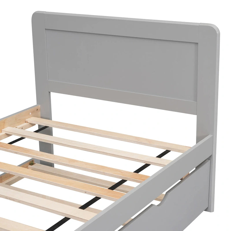 Grey Twin Wood Platform Bed Frame with Trundle, Modern Rubberwood &