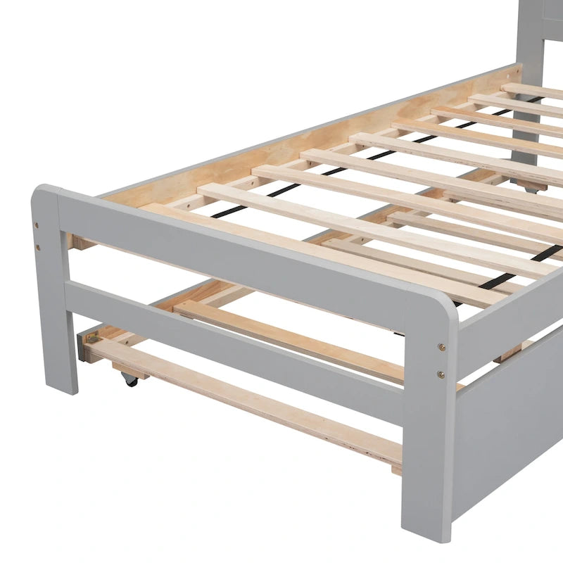Grey Twin Wood Platform Bed Frame with Trundle, Modern Rubberwood &