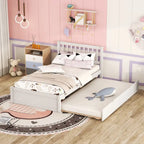 Letto singolo bianco e noce in legno con base a doghe, letto estraibile e testiera a griglia - moderno e salvaspazio