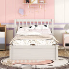 White Walnut Wooden Twin Platform Bed with Trundle and Fence Headboard - Modern Space-Saving Design
