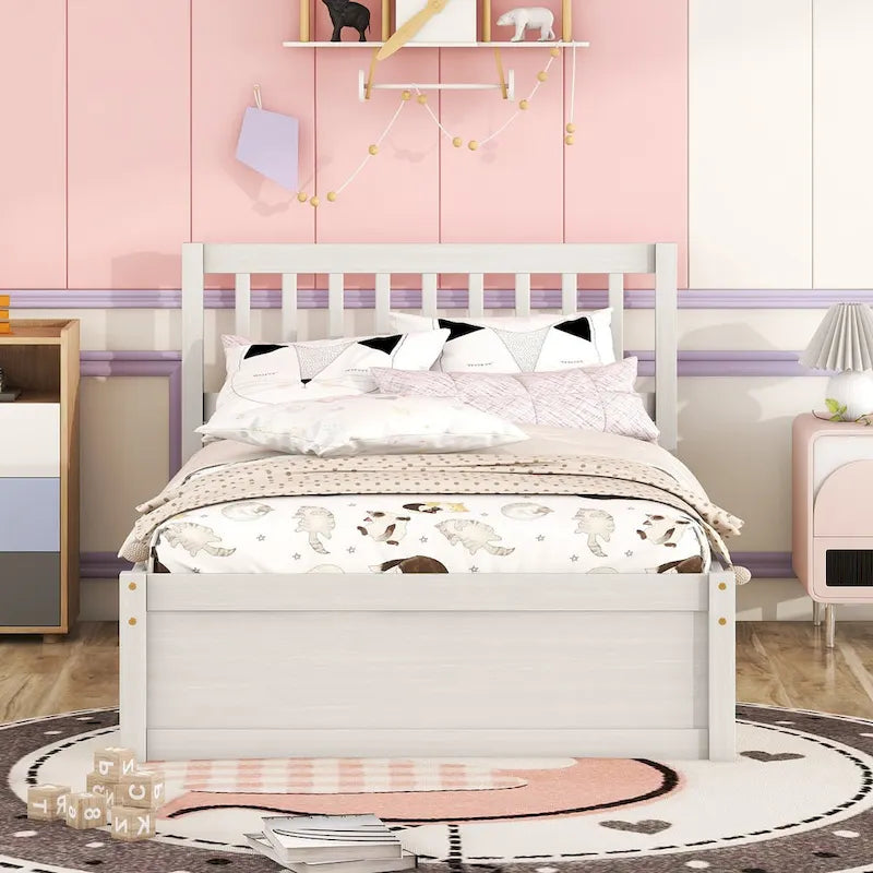 White Walnut Wooden Twin Platform Bed with Trundle and Fence Headboard - Modern Space-Saving Design