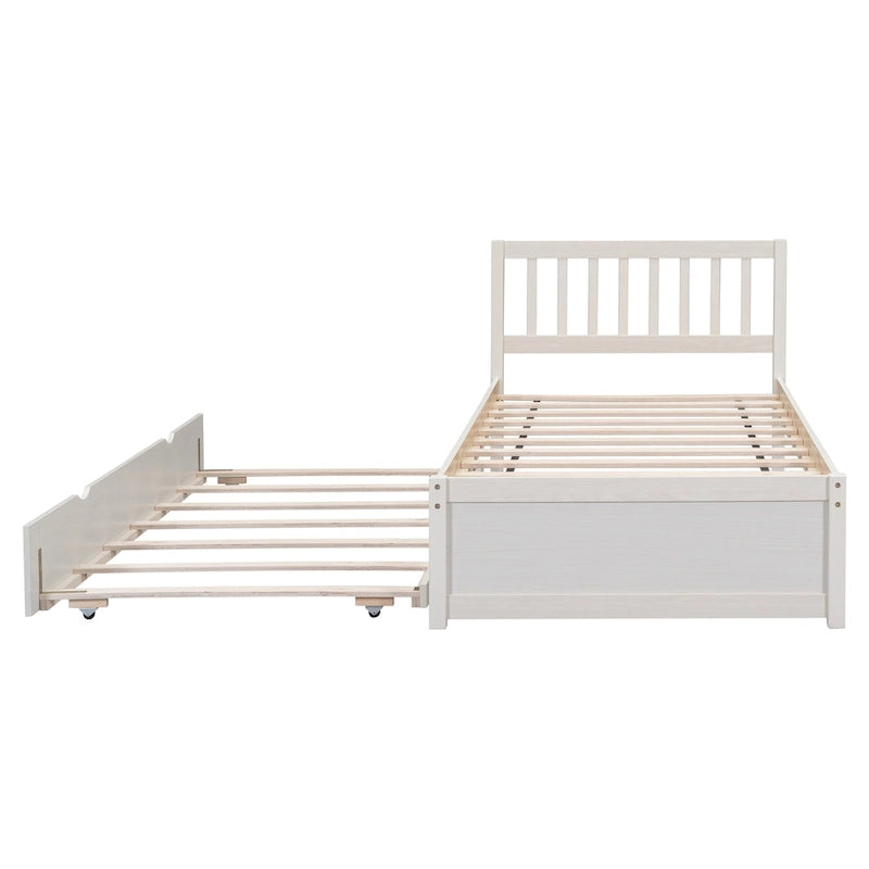 White Walnut Wooden Twin Platform Bed with Trundle and Fence Headboard - Modern Space