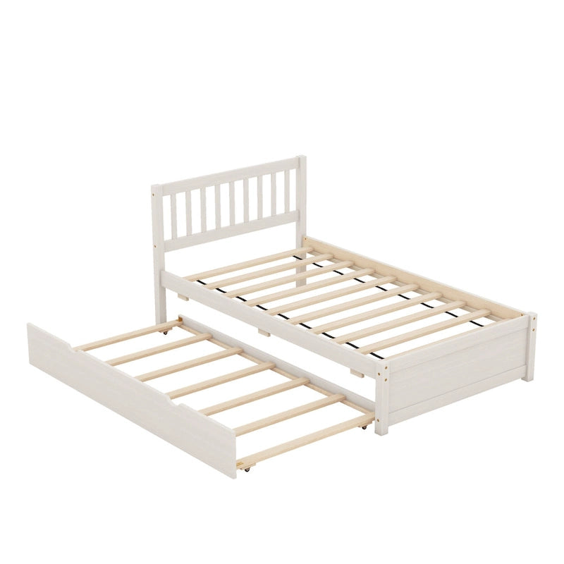 White Walnut Wooden Twin Platform Bed with Trundle and Fence Headboard - Modern Space