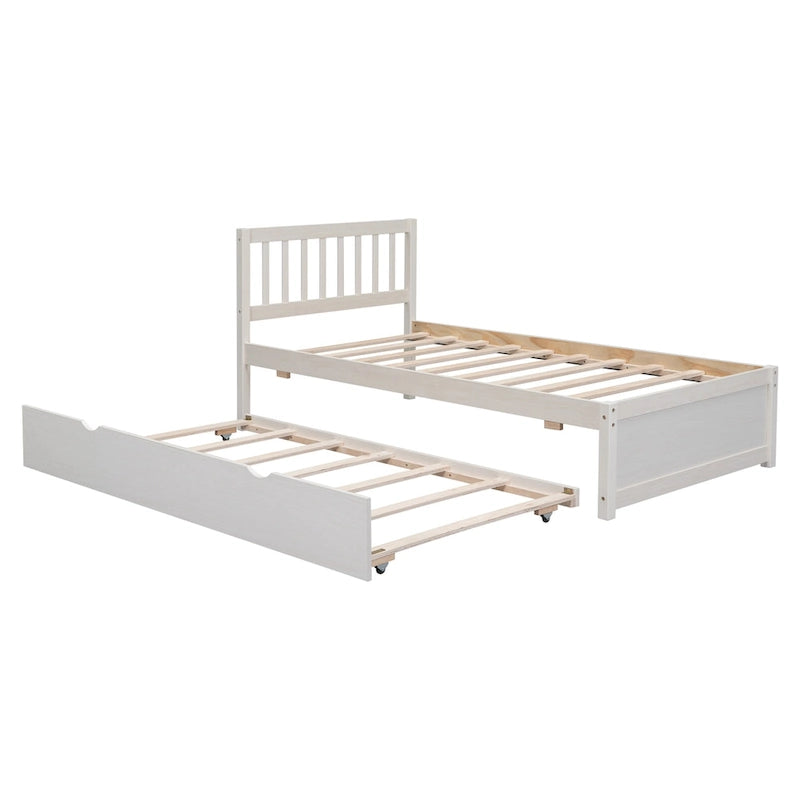 White Walnut Wooden Twin Platform Bed with Trundle and Fence Headboard - Modern Space