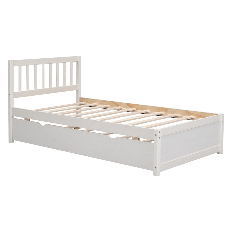 White Walnut Wooden Twin Platform Bed with Trundle and Fence Headboard - Modern Space
