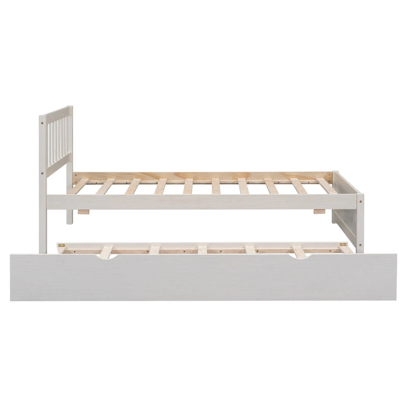 White Walnut Wooden Twin Platform Bed with Trundle and Fence Headboard - Modern Space