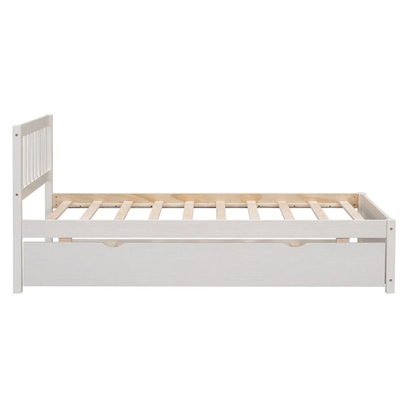 White Walnut Wooden Twin Platform Bed with Trundle and Fence Headboard - Modern Space