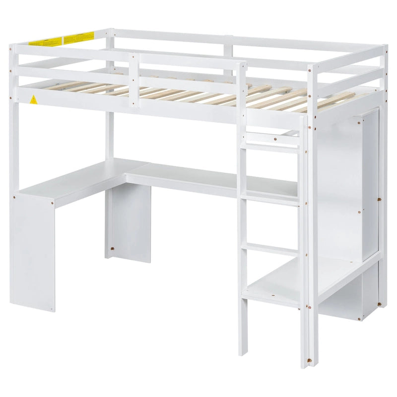 White Twin Size Solid Wiood Loft Bed with L-shaped Desk, Wardrobe and Storage Shelves