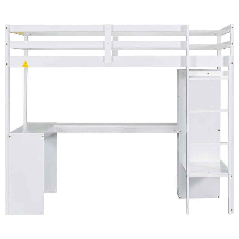 White Twin Size Solid Wiood Loft Bed with L-shaped Desk, Wardrobe and Storage Shelves