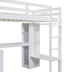 Letto a soppalco singolo in legno massello bianco con scrivania a L, armadio e ripiani portaoggetti