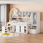 Letto a soppalco matrimoniale bianco in legno con guardaroba integrato, scrivania sotto il letto, cassetti e ripiani