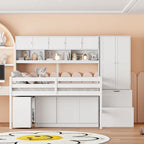 Letto a soppalco matrimoniale bianco in legno con guardaroba integrato, scrivania sotto il letto, cassetti e ripiani