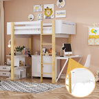 Letto a soppalco bianco singolo in legno massello con armadietto contenitore e vani integrati, scrivania pieghevole