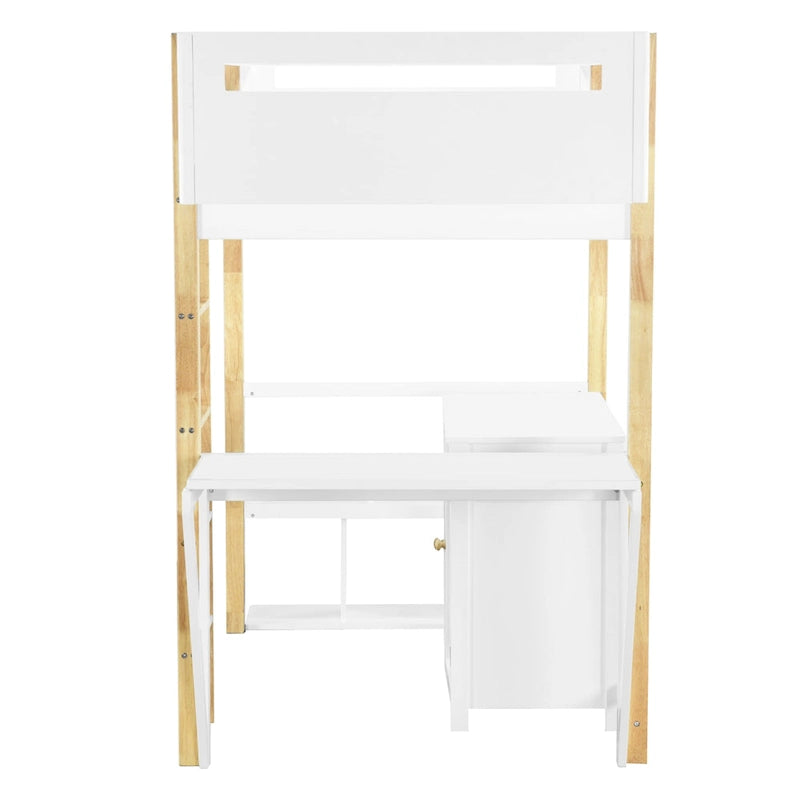 White Twin Size Solid Wood Loft Bed With Built-in Storage Cabinet and Cubes, Foldable desk