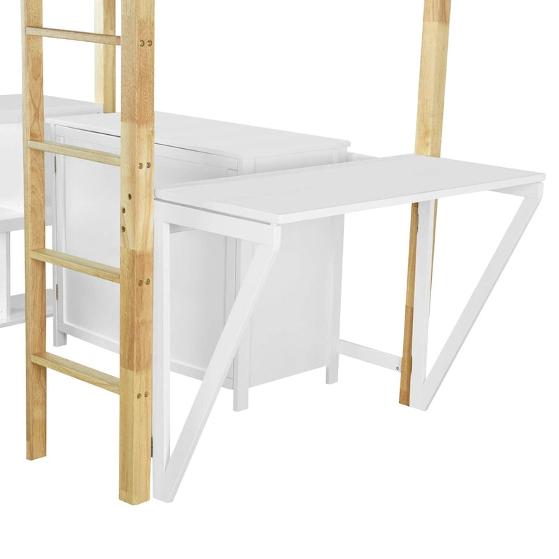 White Twin Size Solid Wood Loft Bed With Built-in Storage Cabinet and Cubes, Foldable desk
