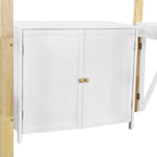 Letto a soppalco bianco singolo in legno massello con armadietto contenitore e vani integrati, scrivania pieghevole