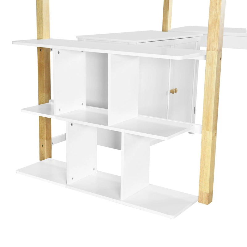 White Twin Size Solid Wood Loft Bed With Built-in Storage Cabinet and Cubes, Foldable desk