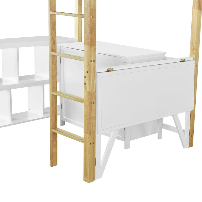White Twin Size Solid Wood Loft Bed With Built-in Storage Cabinet and Cubes, Foldable desk