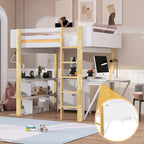 Letto rialzato matrimoniale bianco in legno massello con armadio contenitore e vani integrati, scrivania pieghevole