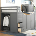 Letto a soppalco in legno Full Size grigio con armadi, vani chiusi e cassetti integrati per la camera da letto