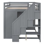Letto a soppalco in legno Full Size grigio con armadi, vani chiusi e cassetti integrati per la camera da letto