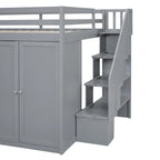 Letto a soppalco in legno Full Size grigio con armadi, vani chiusi e cassetti integrati per la camera da letto