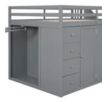 Letto a soppalco in legno Full Size grigio con armadi, vani chiusi e cassetti integrati per la camera da letto