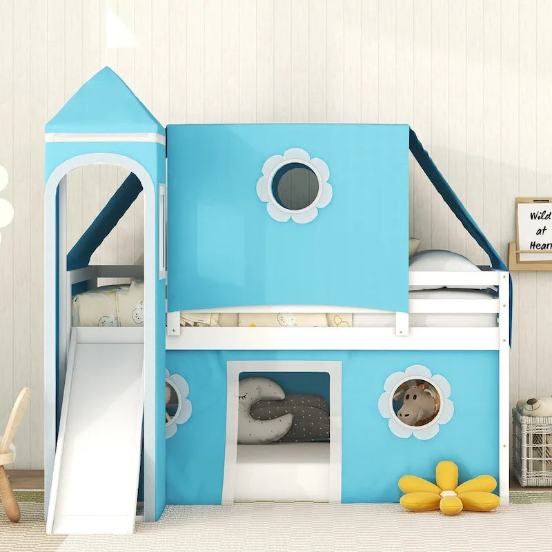 Blue Twin Size Cute Solid Wood House Loft Bed with Slide