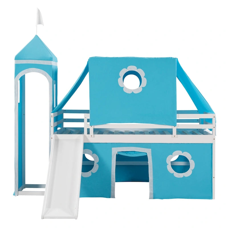 Blue Twin Size Cute Solid Wood House Loft Bed with Slide