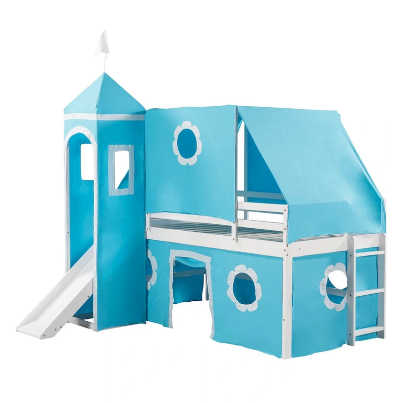 Blue Twin Size Cute Solid Wood House Loft Bed with Slide