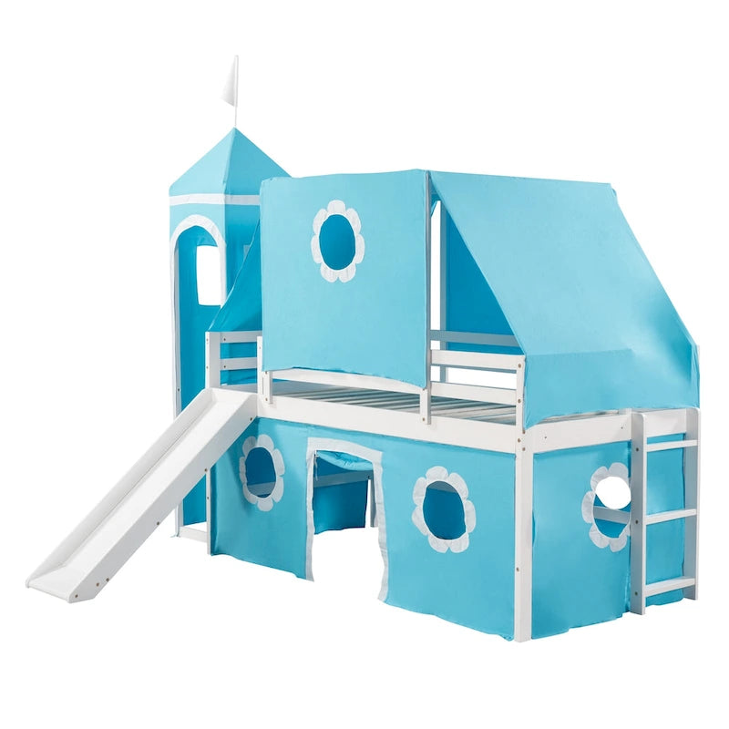 Blue Twin Size Cute Solid Wood House Loft Bed with Slide