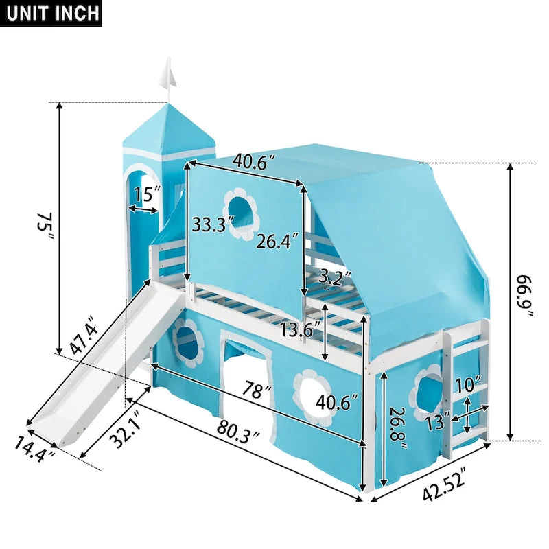 Blue Twin Size Cute Solid Wood House Loft Bed with Slide
