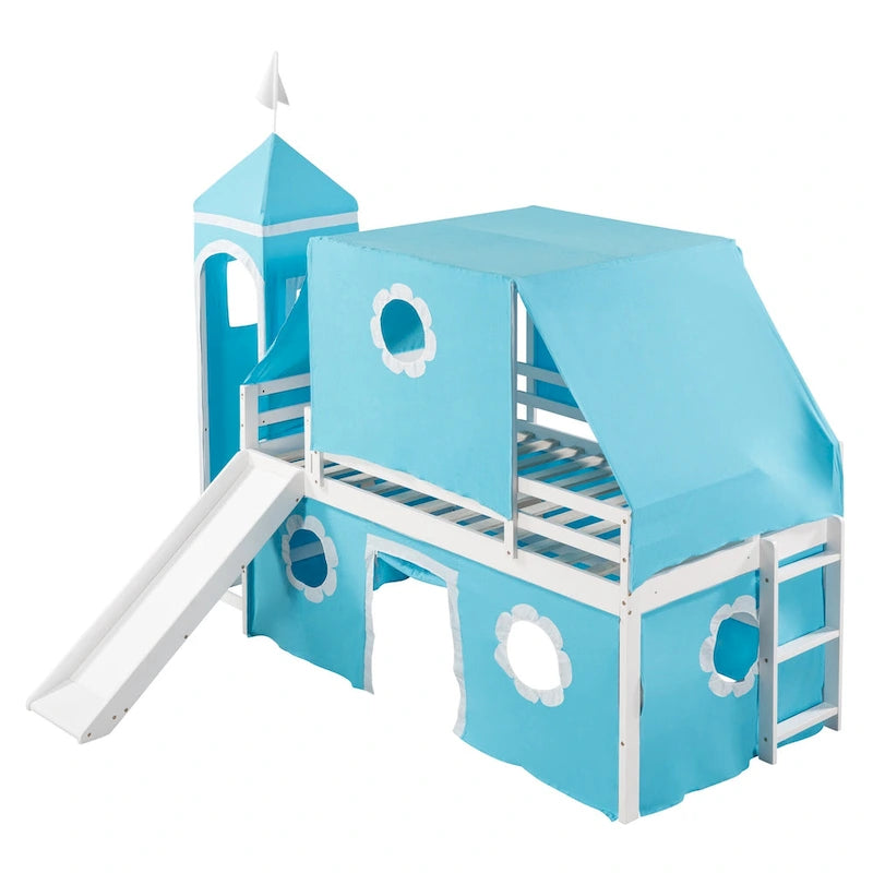 Blue Twin Size Cute Solid Wood House Loft Bed with Slide