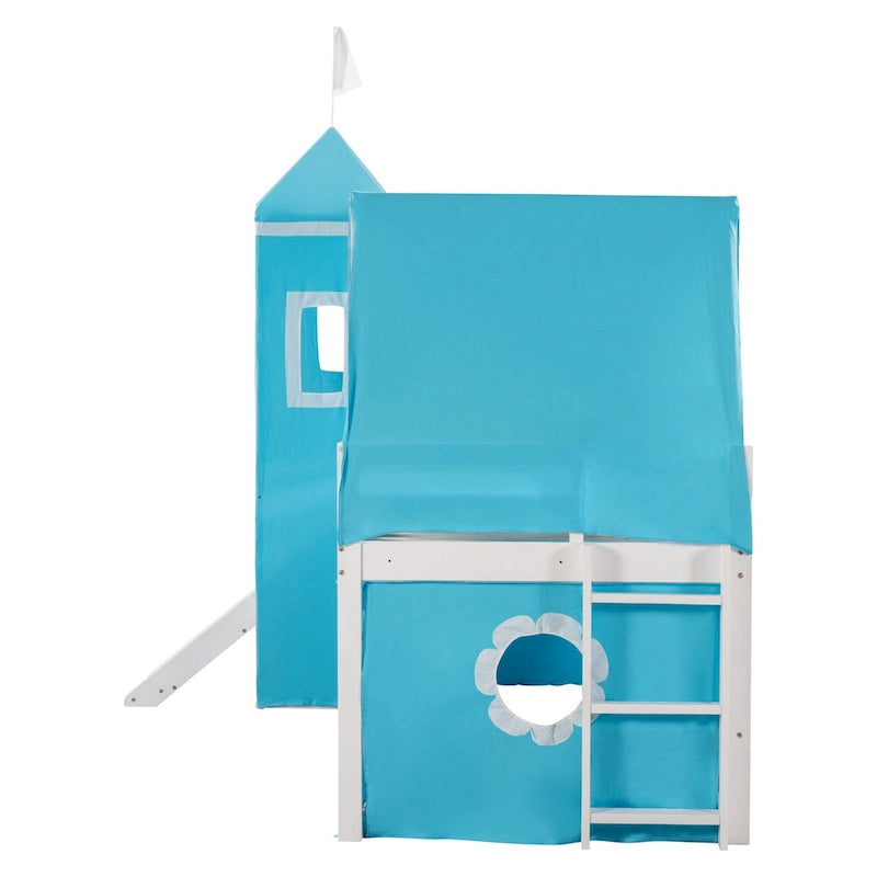 Blue Twin Size Cute Solid Wood House Loft Bed with Slide