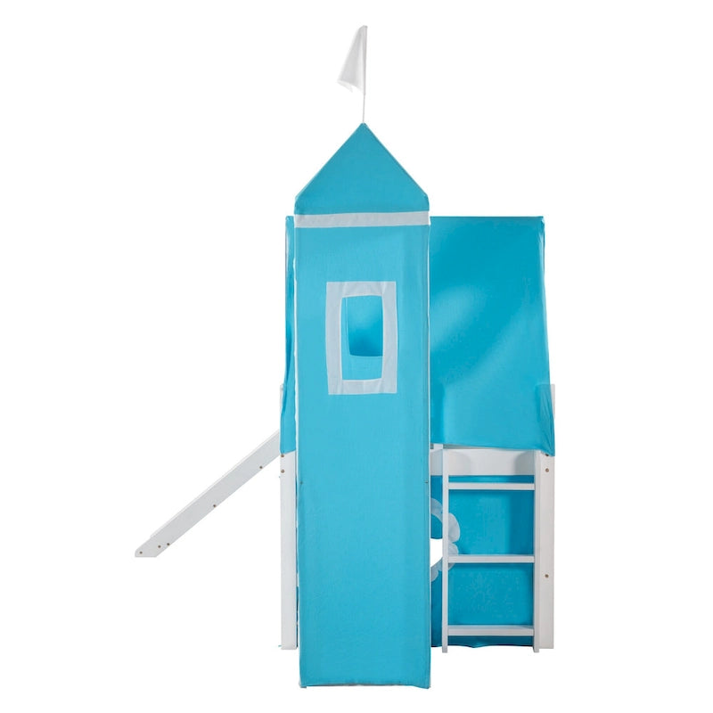 Blue Twin Size Cute Solid Wood House Loft Bed with Slide