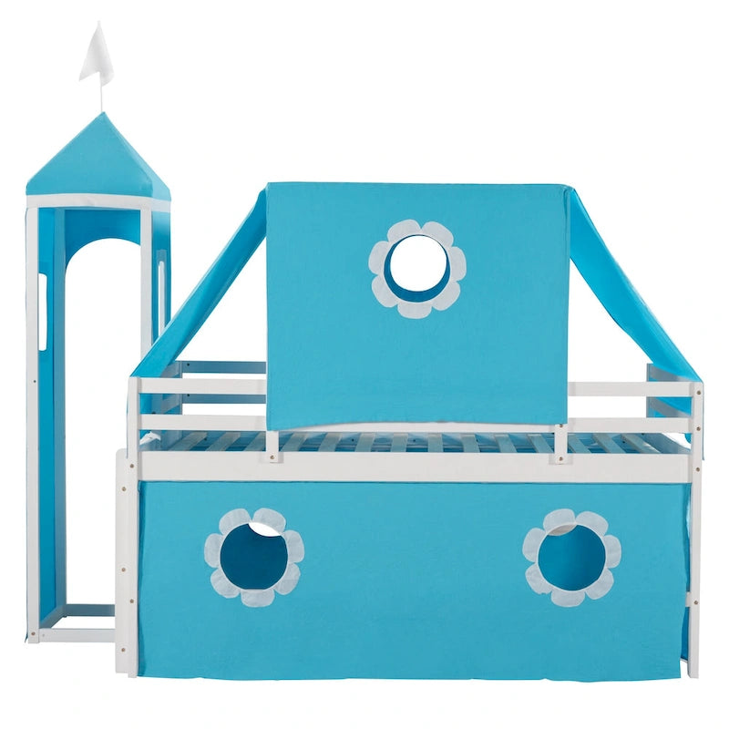 Blue Twin Size Cute Solid Wood House Loft Bed with Slide