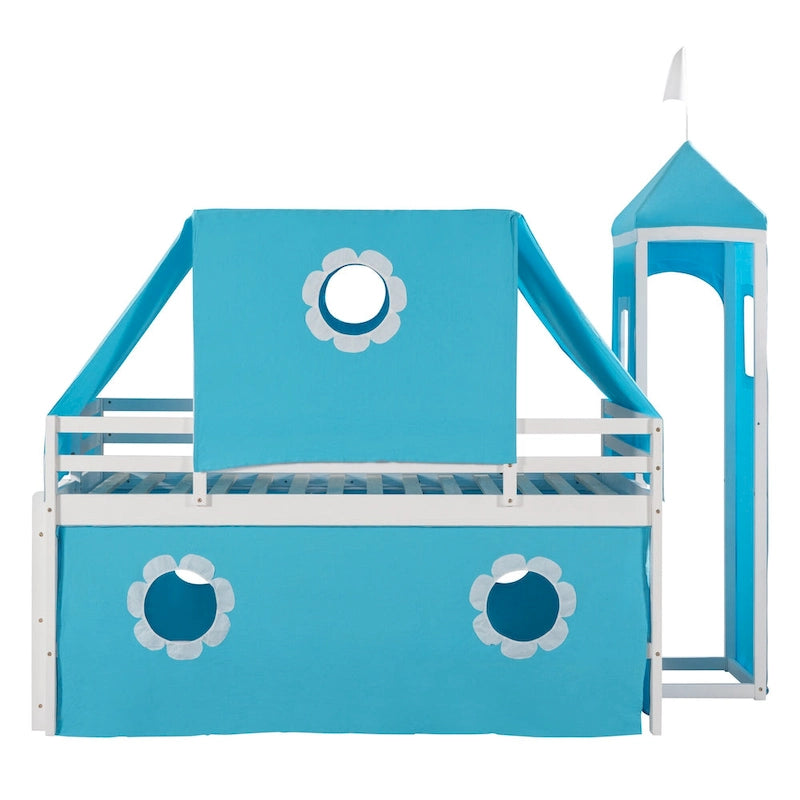 Blue Twin Size Cute Solid Wood House Loft Bed with Slide