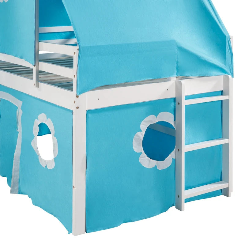 Blue Twin Size Cute Solid Wood House Loft Bed with Slide