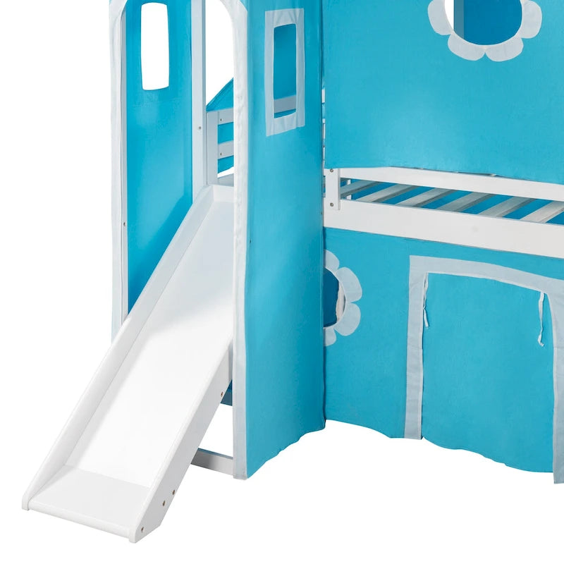 Blue Twin Size Cute Solid Wood House Loft Bed with Slide