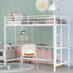 Letto a soppalco singolo in metallo bianco con scrivania, scala e ripiani per bambini