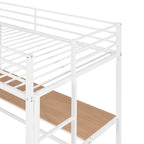 Letto a soppalco singolo in metallo bianco con scrivania, scala e ripiani per bambini